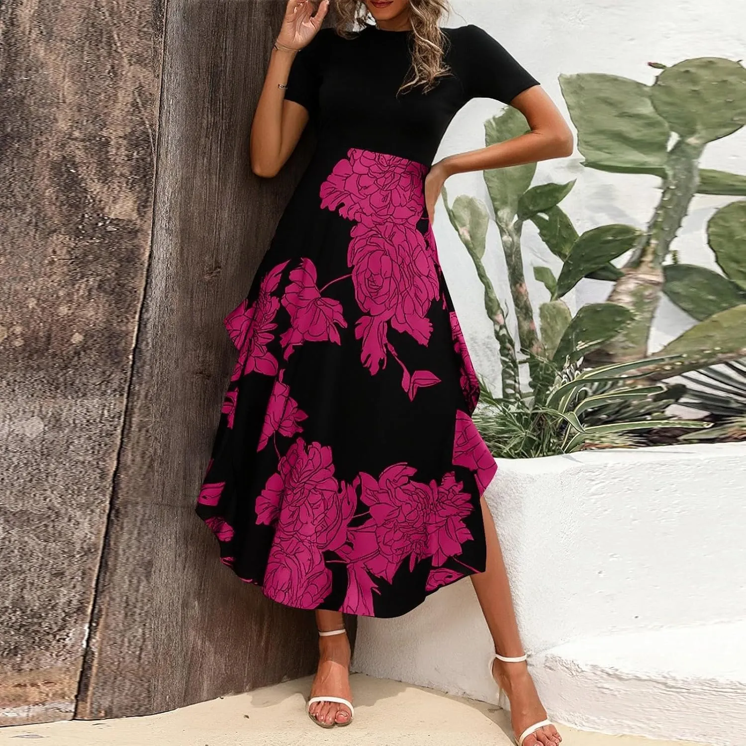 Womens Floral Maxi Dress 2025 Summer Casual Crewneck Short Sleeve Ruffle Flowy Cocktail Wedding Guest Dinner Dresses