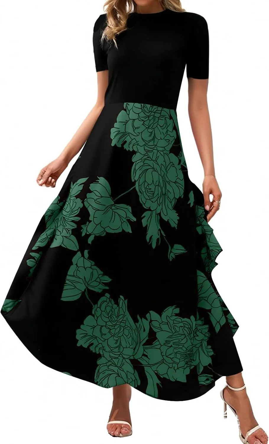 Womens Floral Maxi Dress 2025 Summer Casual Crewneck Short Sleeve Ruffle Flowy Cocktail Wedding Guest Dinner Dresses