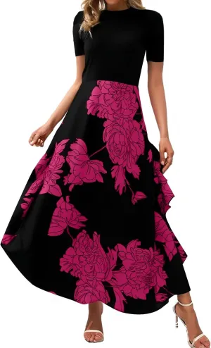 Womens Floral Maxi Dress 2025 Summer Casual Crewneck Short Sleeve Ruffle Flowy Cocktail Wedding Guest Dinner Dresses