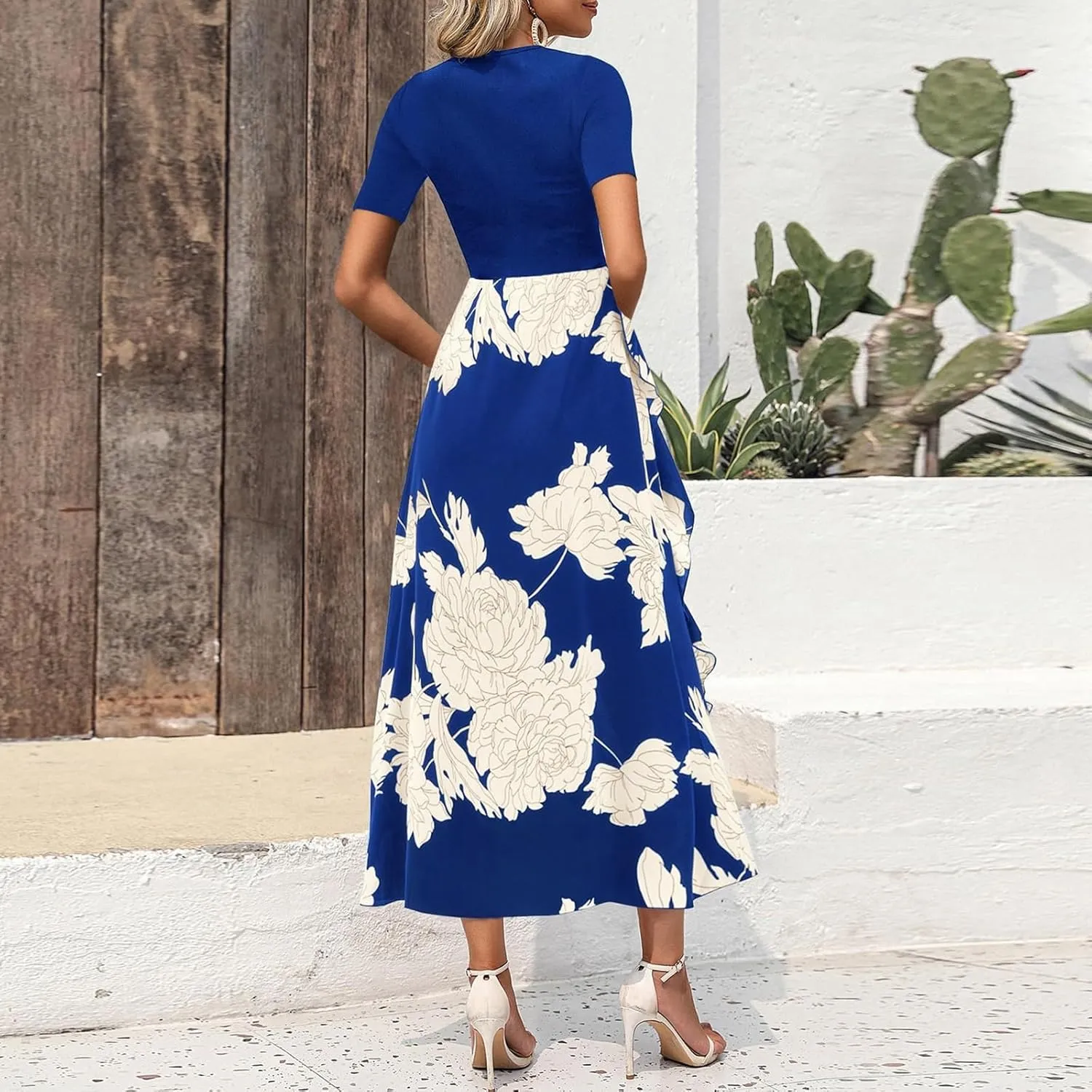 Womens Floral Maxi Dress 2025 Summer Casual Crewneck Short Sleeve Ruffle Flowy Cocktail Wedding Guest Dinner Dresses