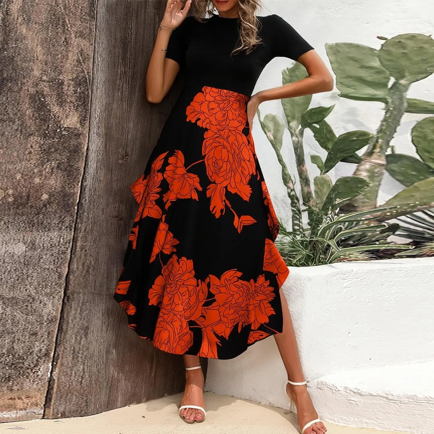 Womens Floral Maxi Dress 2025 Summer Casual Crewneck Short Sleeve Ruffle Flowy Cocktail Wedding Guest Dinner Dresses