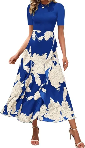Womens Floral Maxi Dress 2025 Summer Casual Crewneck Short Sleeve Ruffle Flowy Cocktail Wedding Guest Dinner Dresses