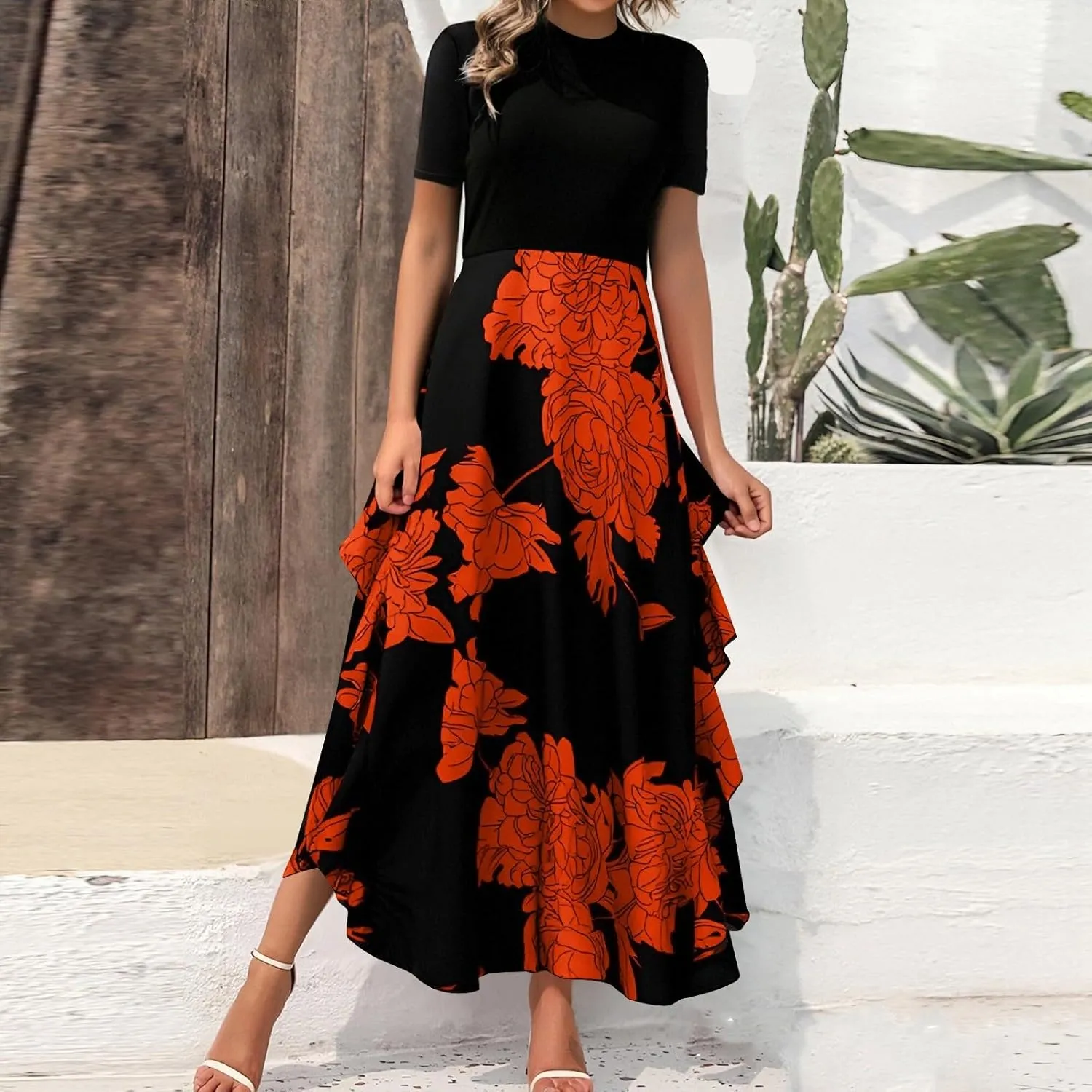 Womens Floral Maxi Dress 2025 Summer Casual Crewneck Short Sleeve Ruffle Flowy Cocktail Wedding Guest Dinner Dresses