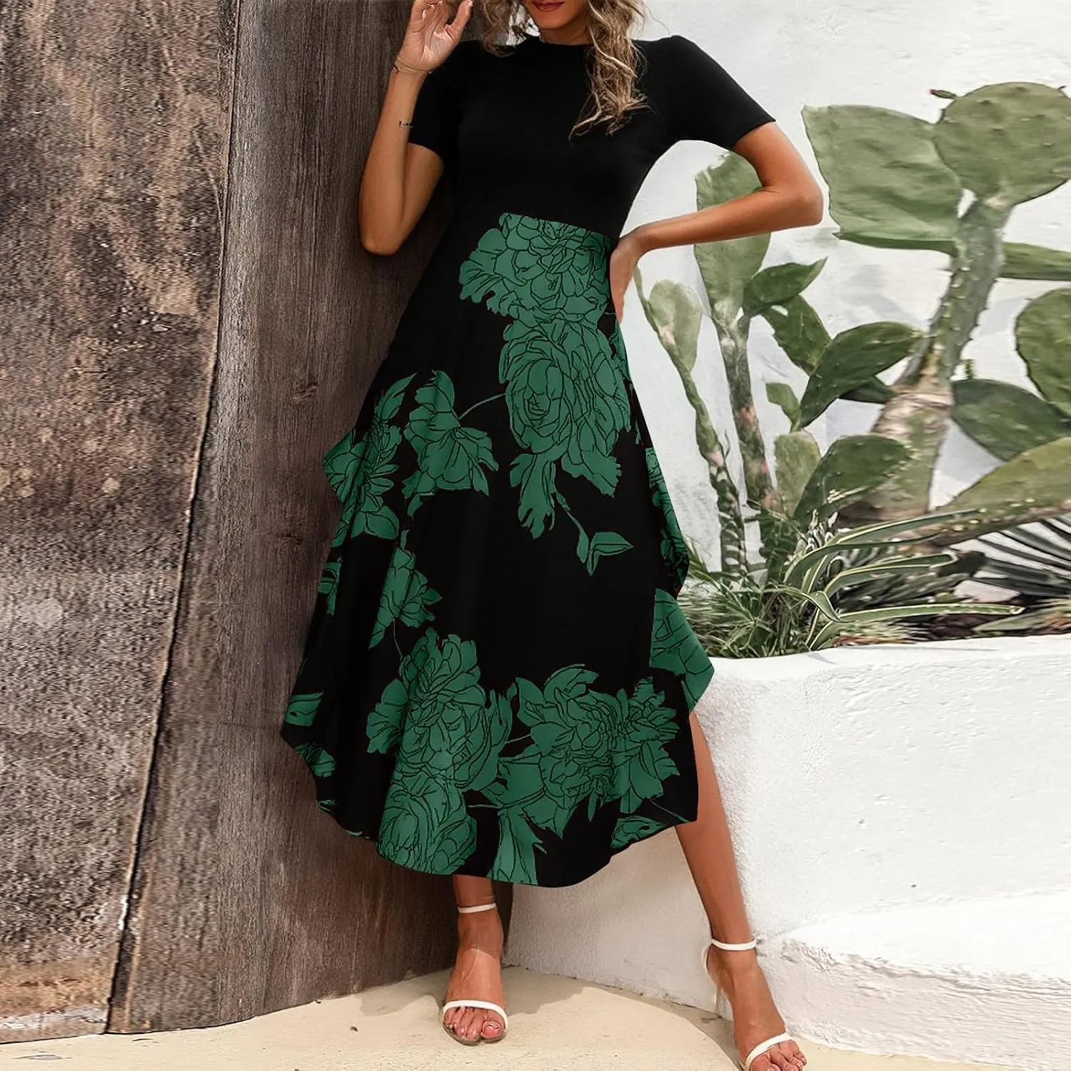 Womens Floral Maxi Dress 2025 Summer Casual Crewneck Short Sleeve Ruffle Flowy Cocktail Wedding Guest Dinner Dresses