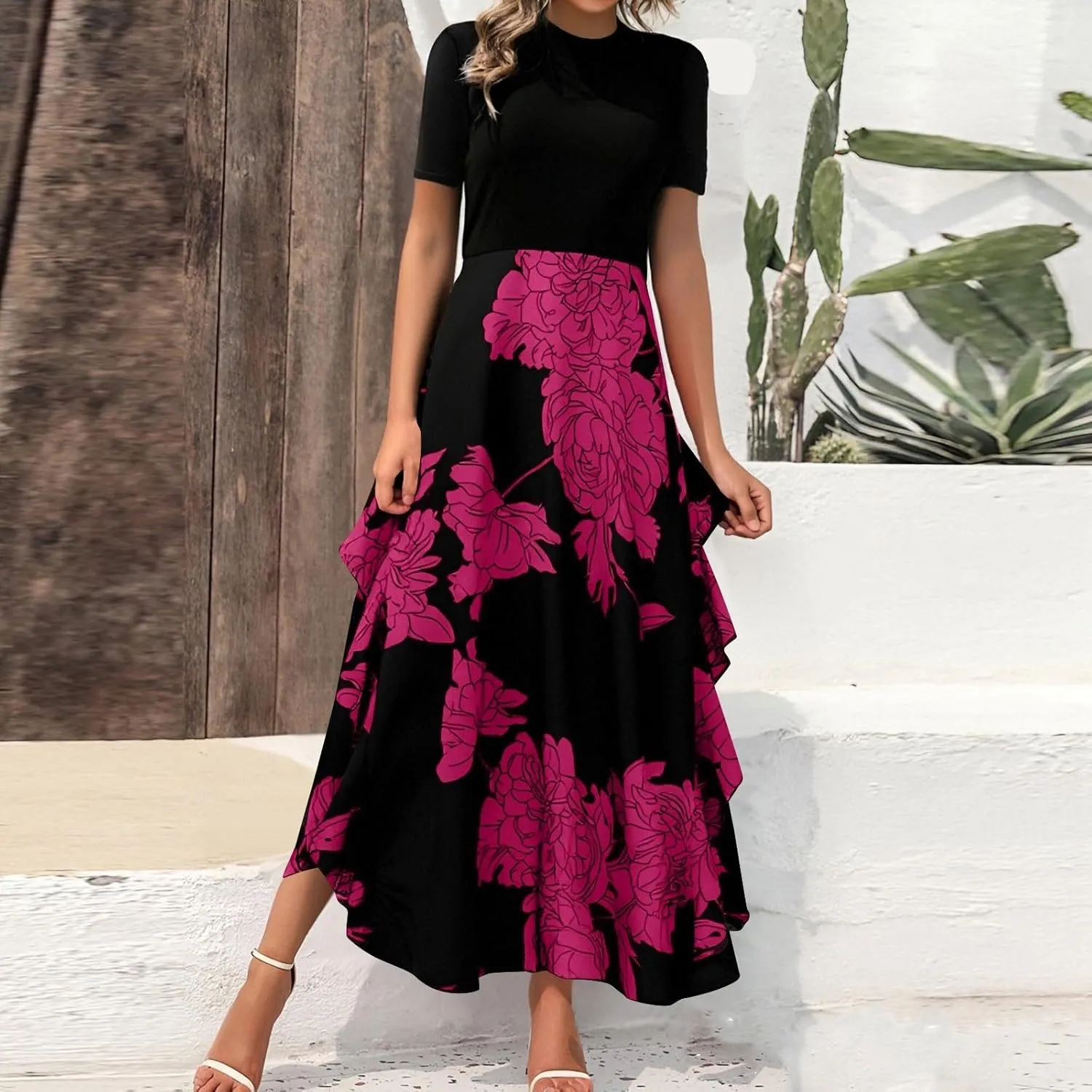 Womens Floral Maxi Dress 2025 Summer Casual Crewneck Short Sleeve Ruffle Flowy Cocktail Wedding Guest Dinner Dresses