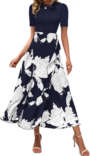 Womens Floral Maxi Dress 2025 Summer Casual Crewneck Short Sleeve Ruffle Flowy Cocktail Wedding Guest Dinner Dresses