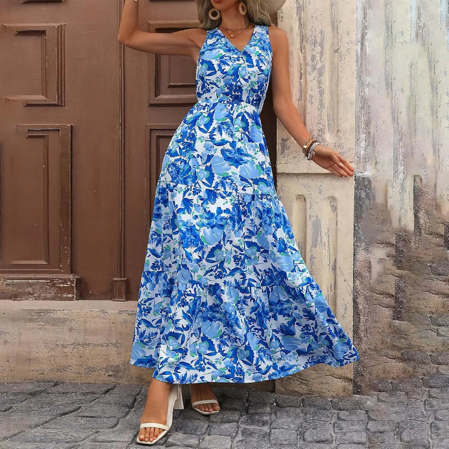 Womens Floral Maxi Dress Sleeveless Wrap V Neck Boho Long Dress Loose Flowy Swing Beach Dress Wedding Guest Dresses