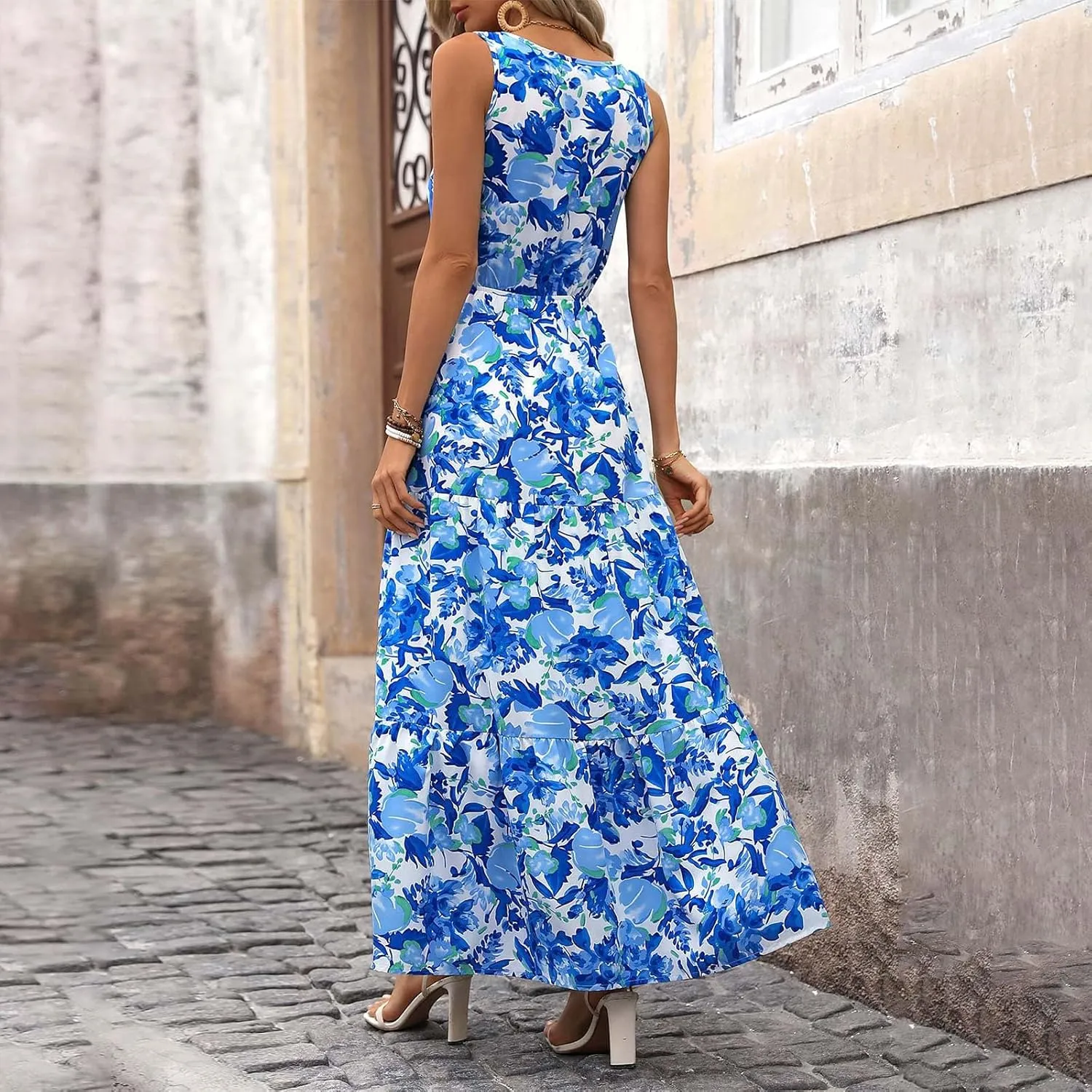 Womens Floral Maxi Dress Sleeveless Wrap V Neck Boho Long Dress Loose Flowy Swing Beach Dress Wedding Guest Dresses