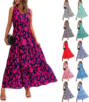 Womens Floral Maxi Dress Sleeveless Wrap V Neck Boho Long Dress Loose Flowy Swing Beach Dress Wedding Guest Dresses