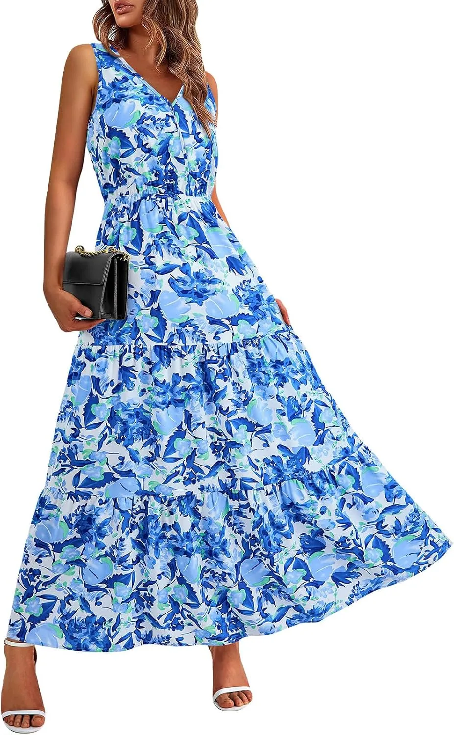 Womens Floral Maxi Dress Sleeveless Wrap V Neck Boho Long Dress Loose Flowy Swing Beach Dress Wedding Guest Dresses