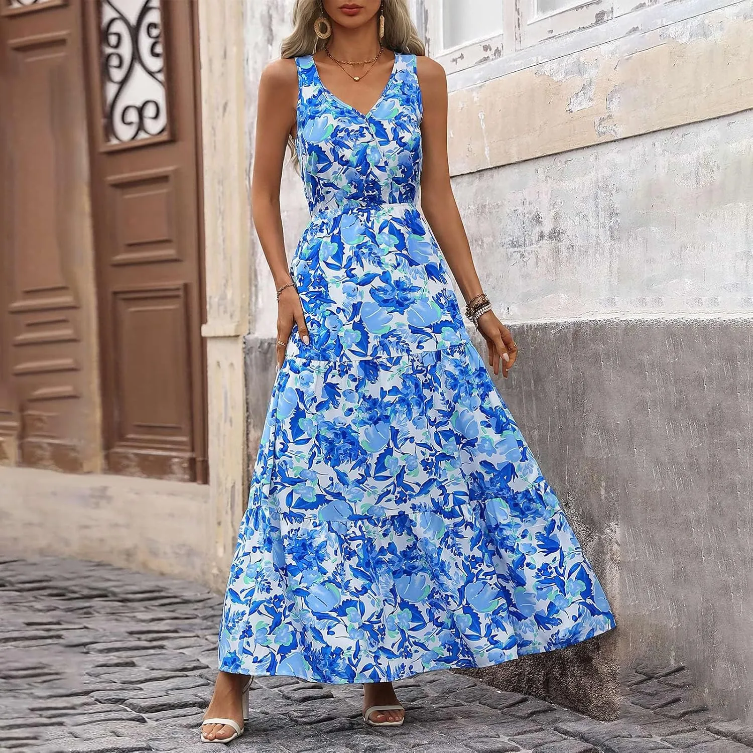 Womens Floral Maxi Dress Sleeveless Wrap V Neck Boho Long Dress Loose Flowy Swing Beach Dress Wedding Guest Dresses