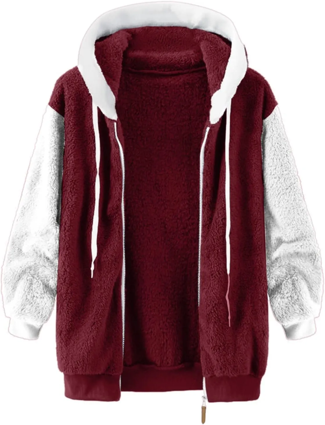 Womens Fuzzy Fleece Jacket Winter Warm Hooded Color Block Patchwork Coats Full Zip Sherpa Outerwear with Pockets