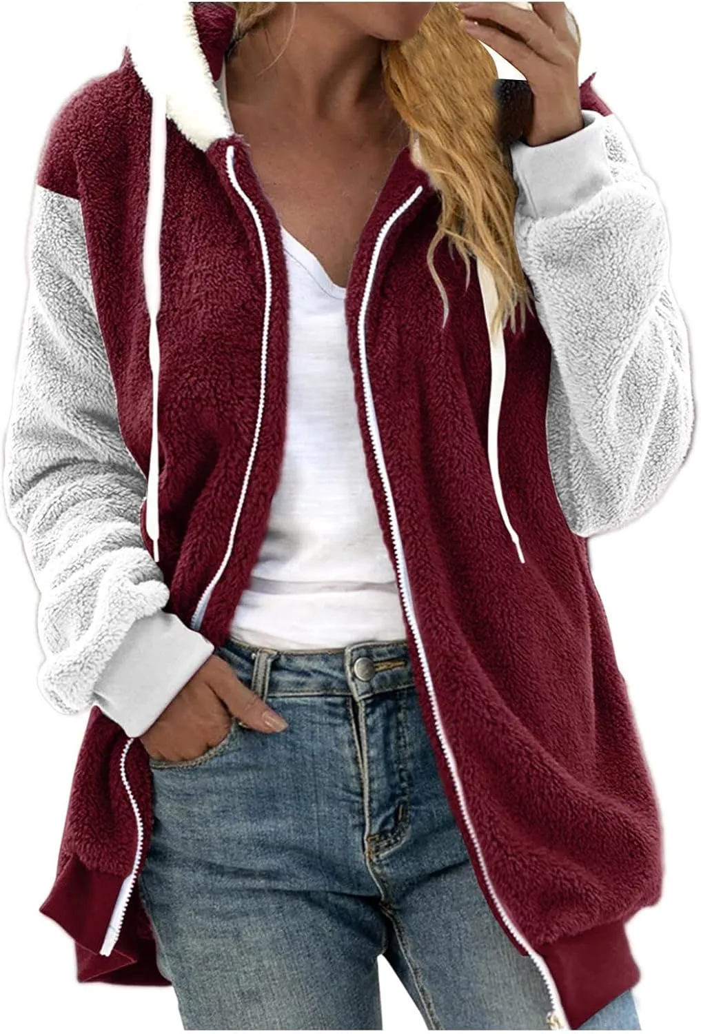 Womens Fuzzy Fleece Jacket Winter Warm Hooded Color Block Patchwork Coats Full Zip Sherpa Outerwear with Pockets