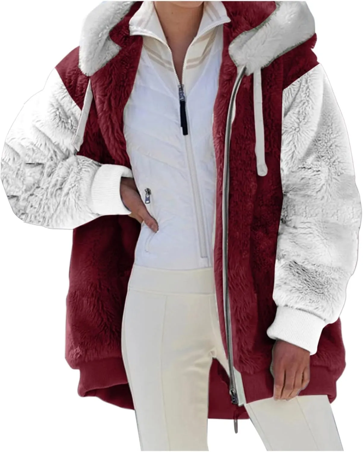 Womens Fuzzy Fleece Jacket Winter Warm Hooded Color Block Patchwork Coats Full Zip Sherpa Outerwear with Pockets