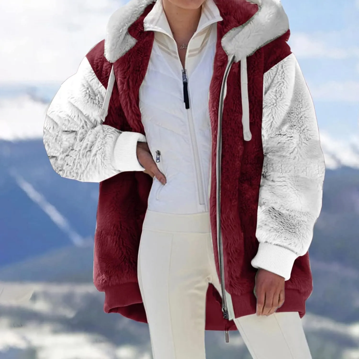 Womens Fuzzy Fleece Jacket Winter Warm Hooded Color Block Patchwork Coats Full Zip Sherpa Outerwear with Pockets