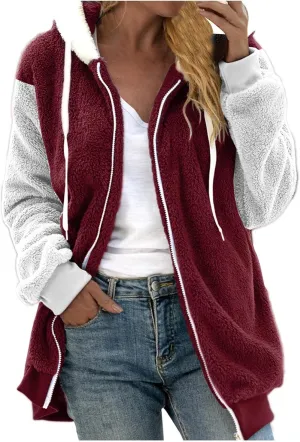 Womens Fuzzy Fleece Jacket Winter Warm Hooded Color Block Patchwork Coats Full Zip Sherpa Outerwear with Pockets