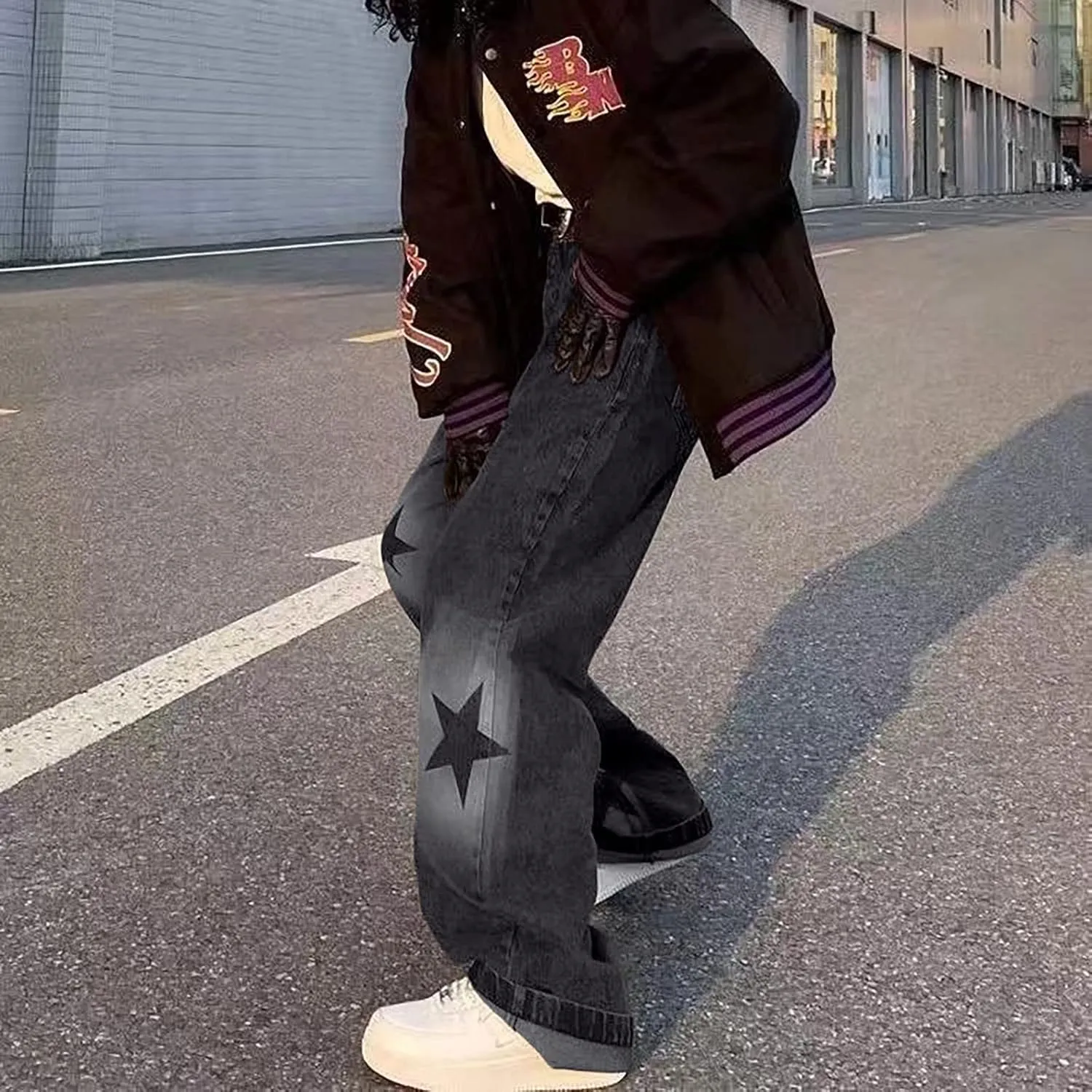 Womens Girls Boyfriends Jeans High Waist Baggy Denim Pants Straight Wide Leg Jeans Stars Print Y2K Trousers Streetwear