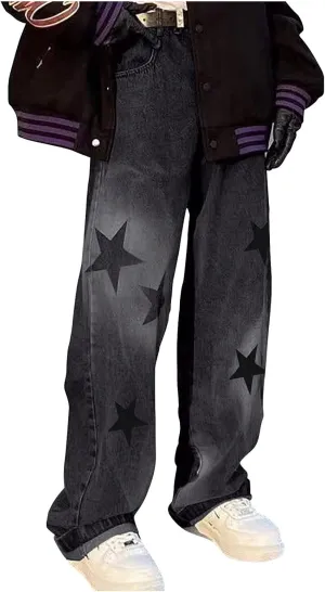 Womens Girls Boyfriends Jeans High Waist Baggy Denim Pants Straight Wide Leg Jeans Stars Print Y2K Trousers Streetwear