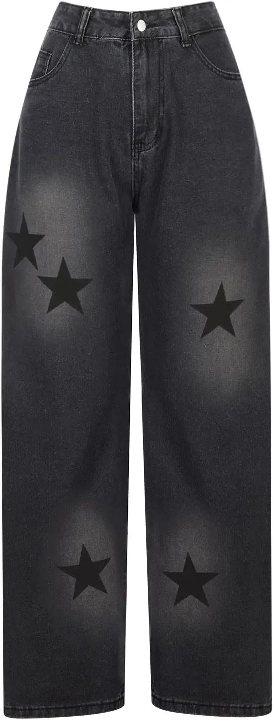 Womens Girls Boyfriends Jeans High Waist Baggy Denim Pants Straight Wide Leg Jeans Stars Print Y2K Trousers Streetwear