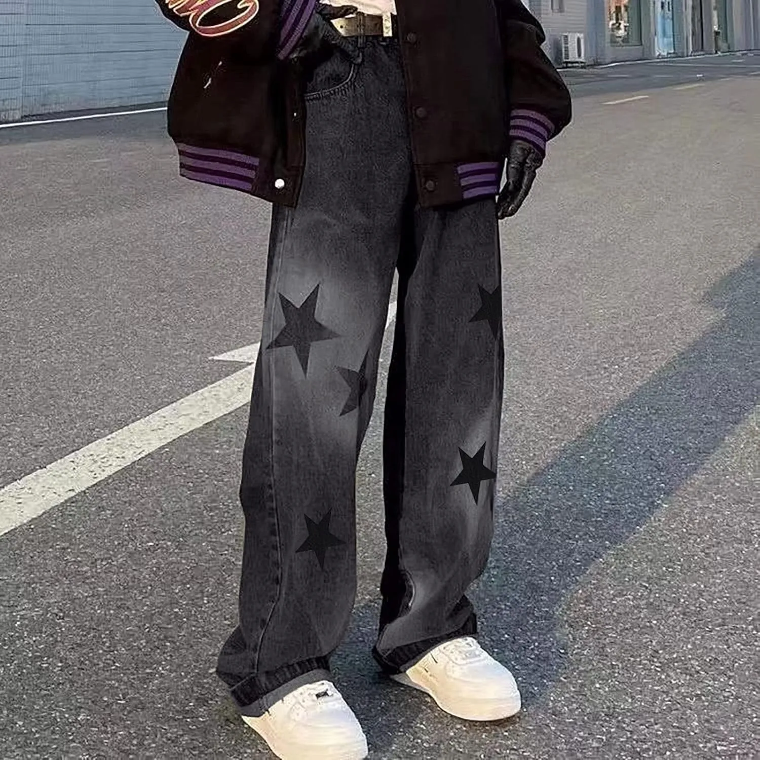 Womens Girls Boyfriends Jeans High Waist Baggy Denim Pants Straight Wide Leg Jeans Stars Print Y2K Trousers Streetwear