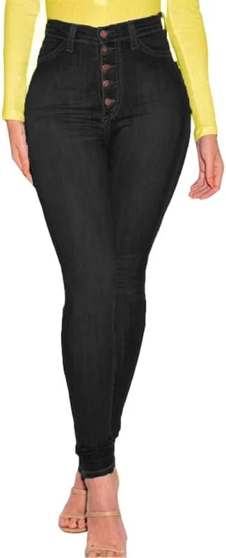 Womens High Rise Button Jeans Curvy Butt Stretch Soft Denim Skinny Pants Juniors Button Fly Super High Waist Skinnys