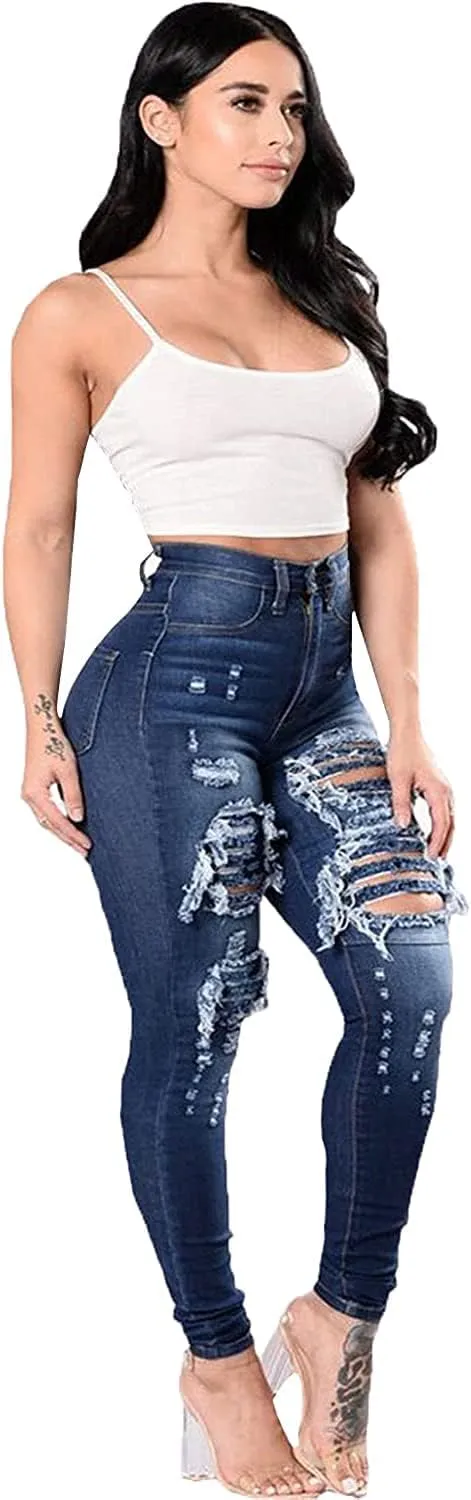 Women's High Waisted Butt Lift Ripped Stretch Jeans Distressed Skinny Denim Pants Slim Fit High Rise Trousers