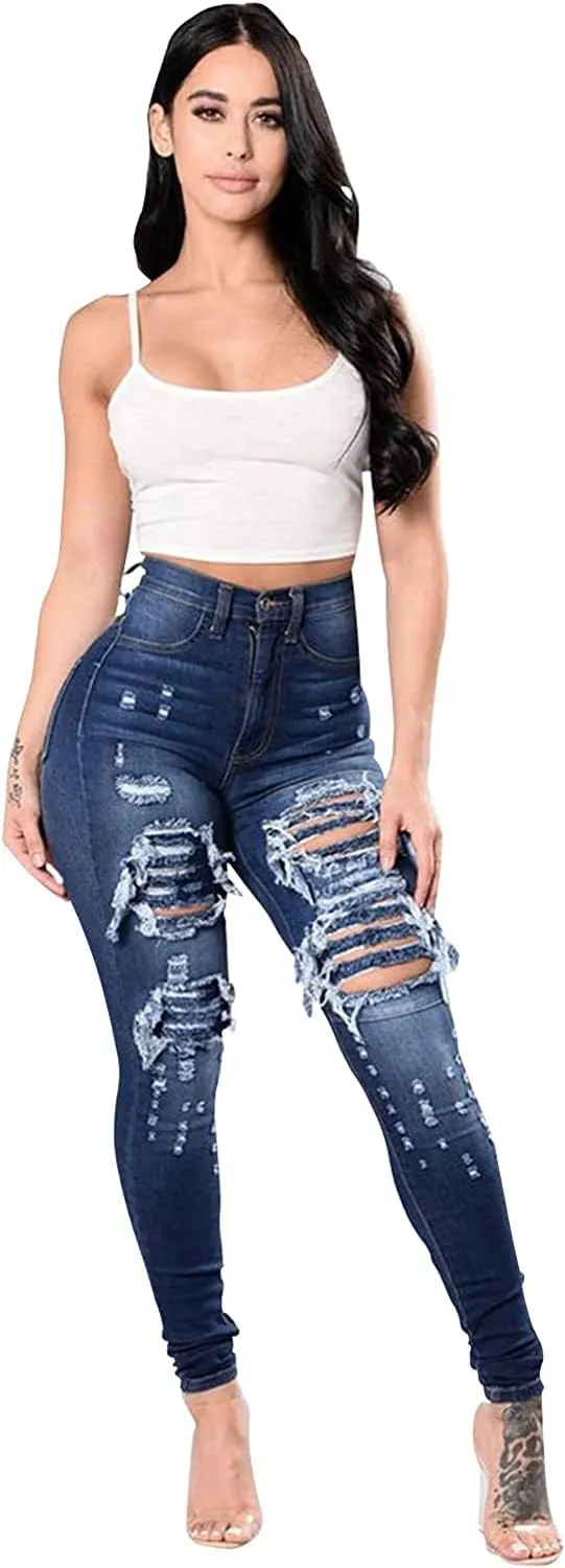 Women's High Waisted Butt Lift Ripped Stretch Jeans Distressed Skinny Denim Pants Slim Fit High Rise Trousers