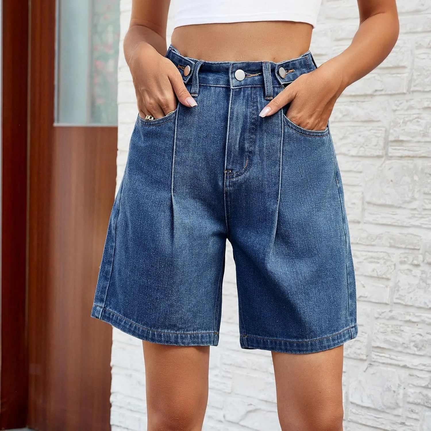 Women's High Waisted Knee Length Denim Shorts Button Adjustable Waist Shorts Bermuda Long Jean Shorts for Teen Girls