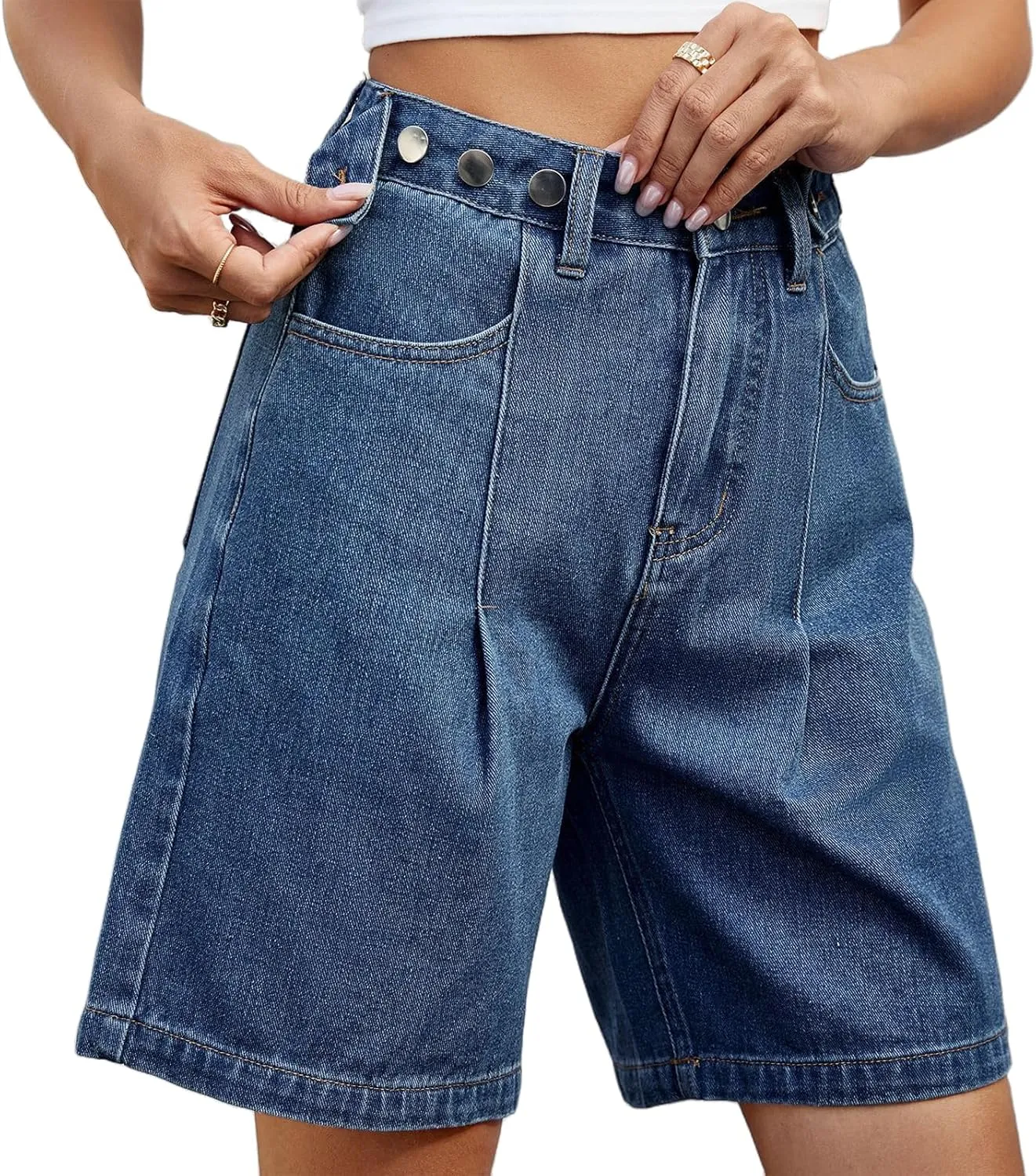 Women's High Waisted Knee Length Denim Shorts Button Adjustable Waist Shorts Bermuda Long Jean Shorts for Teen Girls