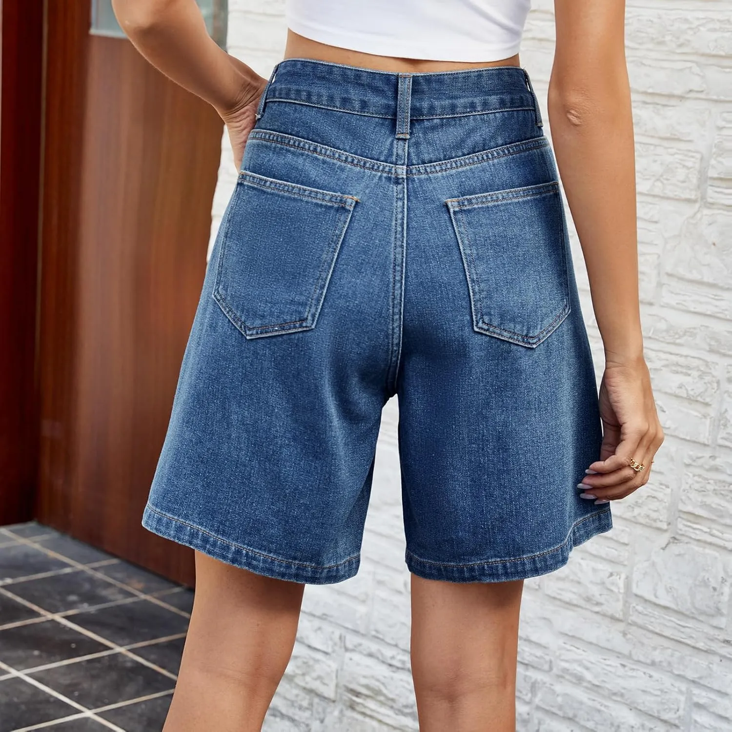 Women's High Waisted Knee Length Denim Shorts Button Adjustable Waist Shorts Bermuda Long Jean Shorts for Teen Girls