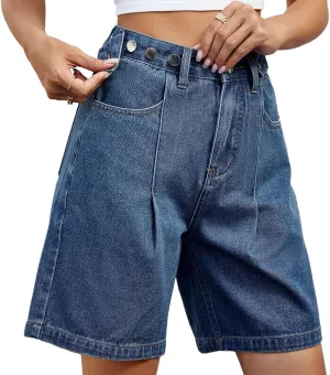 Women's High Waisted Knee Length Denim Shorts Button Adjustable Waist Shorts Bermuda Long Jean Shorts for Teen Girls