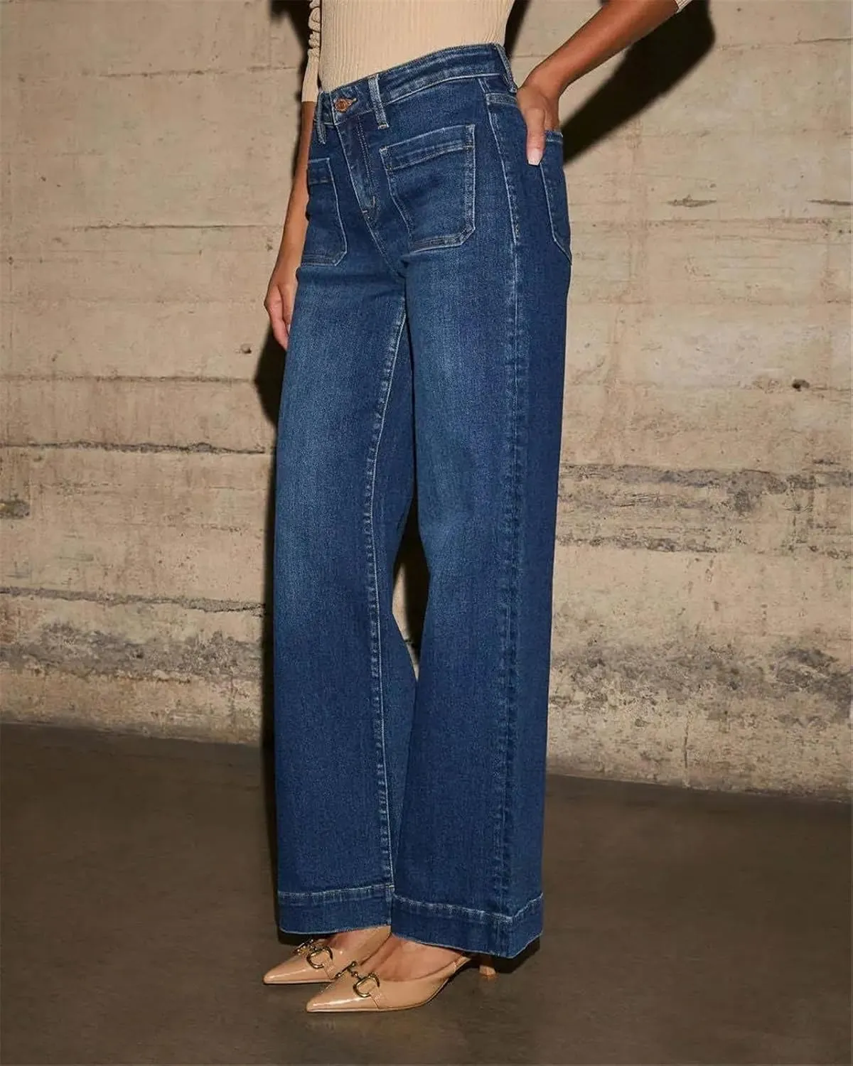 Women's High Waisted Straight Leg Jeans Vintage Style Slim Wide Leg Pants Trendy Denim Pants with Pocket
