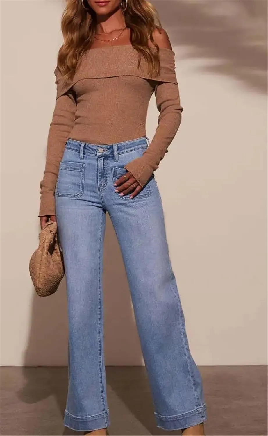 Women's High Waisted Straight Leg Jeans Vintage Style Slim Wide Leg Pants Trendy Denim Pants with Pocket