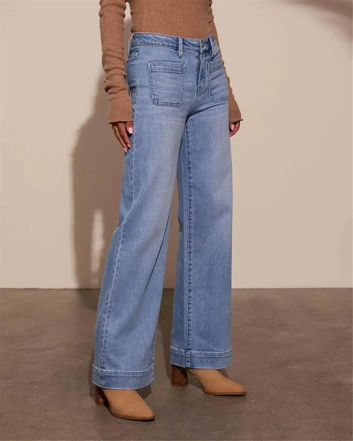 Women's High Waisted Straight Leg Jeans Vintage Style Slim Wide Leg Pants Trendy Denim Pants with Pocket