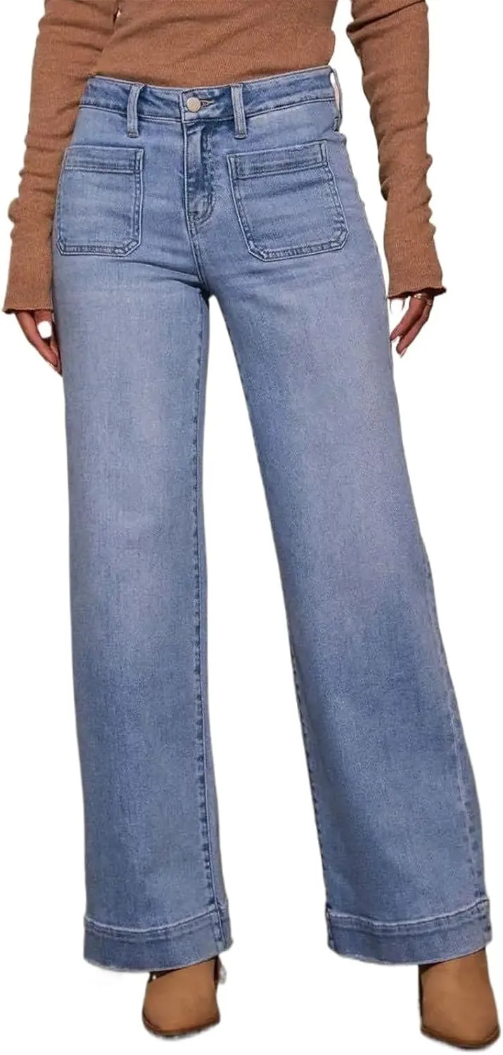 Women's High Waisted Straight Leg Jeans Vintage Style Slim Wide Leg Pants Trendy Denim Pants with Pocket