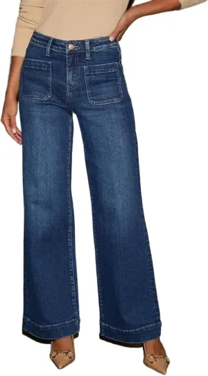 Women's High Waisted Straight Leg Jeans Vintage Style Slim Wide Leg Pants Trendy Denim Pants with Pocket