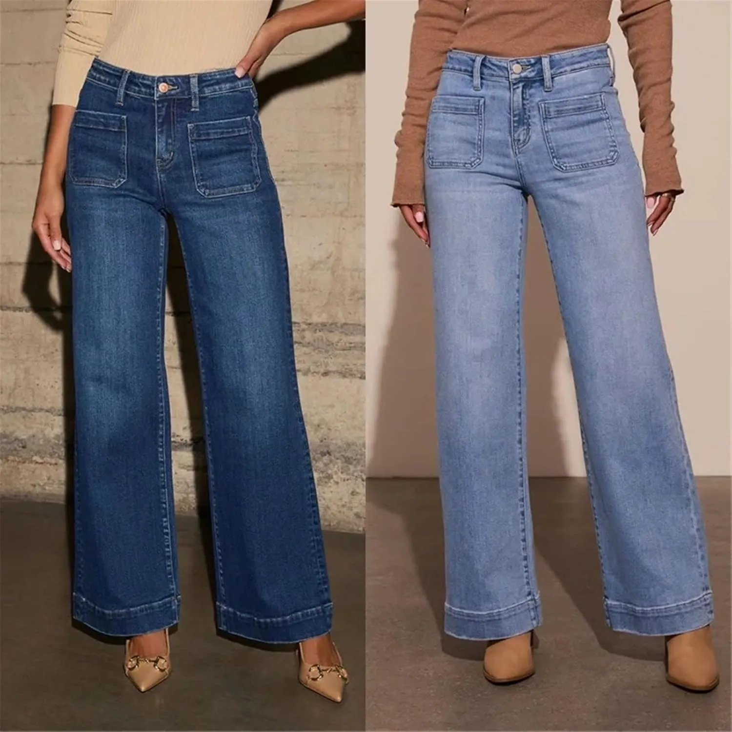Women's High Waisted Straight Leg Jeans Vintage Style Slim Wide Leg Pants Trendy Denim Pants with Pocket