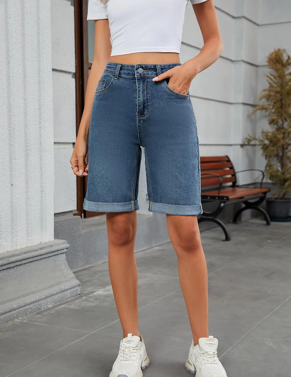 Women's High Waisted Stretchy Bermuda Denim Shorts - Trendy Casual Loose Fit