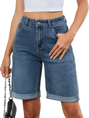 Women's High Waisted Stretchy Bermuda Denim Shorts - Trendy Casual Loose Fit