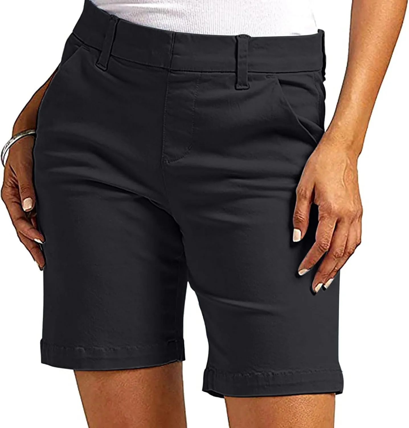 Women's Mid Rise Slim Fit Chino Bermuda Shorts Ultra Lux Comfort Walking Super Comfy Business Casual Pants