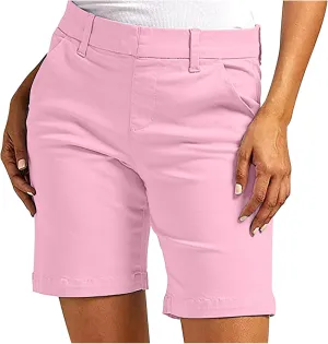 Women's Mid Rise Slim Fit Chino Bermuda Shorts Ultra Lux Comfort Walking Super Comfy Business Casual Pants