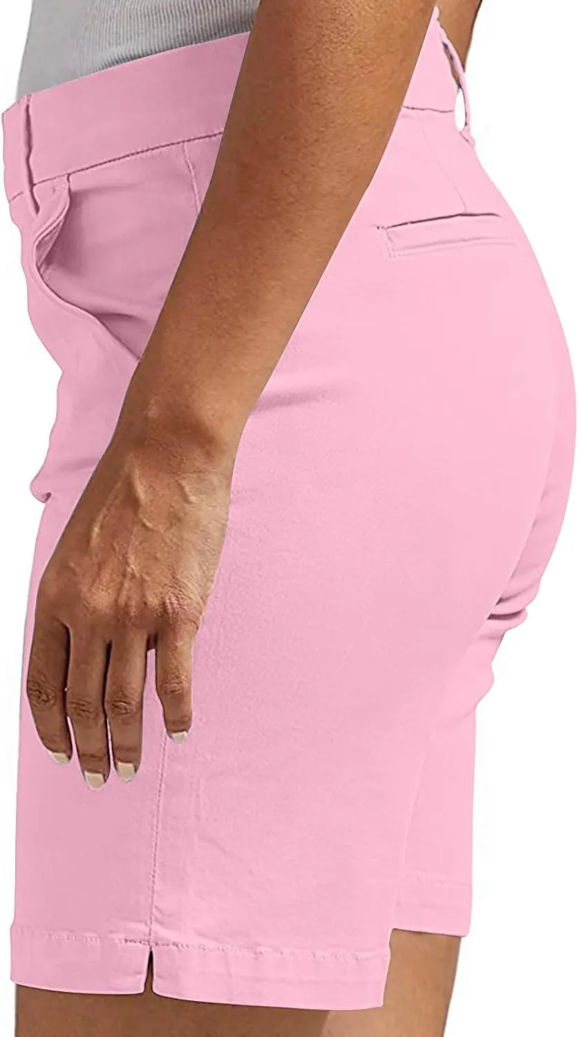 Women's Mid Rise Slim Fit Chino Bermuda Shorts Ultra Lux Comfort Walking Super Comfy Business Casual Pants