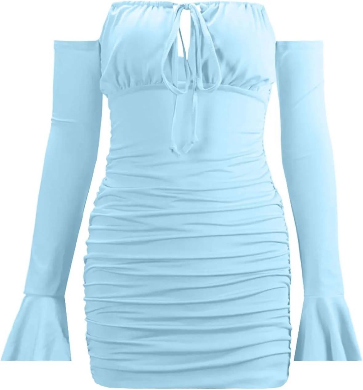 Women's Off-Shoulder Long Sleeve Wrap Dress Lace Up Summer Bodycon Dresses Sexy Slim Trendy Solid Color Mini Dress
