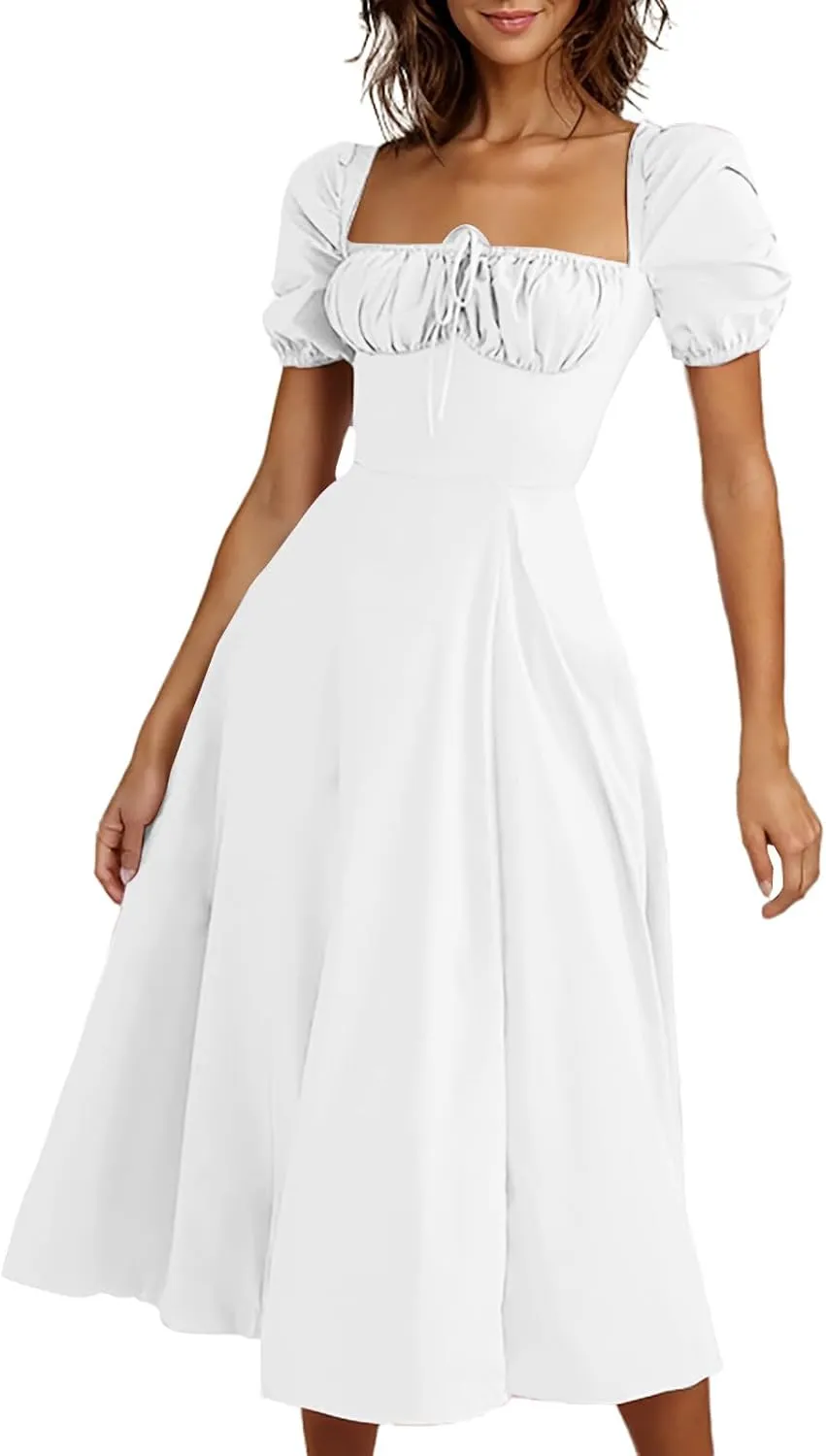 Women's Off-Shoulder Puff Short Sleeve Dress Lace Up Summer Maxi Dresses High Split Cocktail Club Party A Line Dress