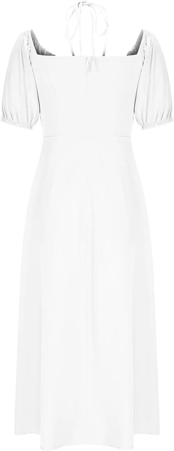 Women's Off-Shoulder Puff Short Sleeve Dress Lace Up Summer Maxi Dresses High Split Cocktail Club Party A Line Dress