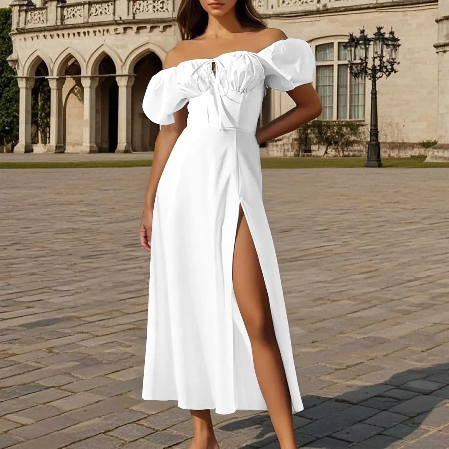 Women's Off-Shoulder Puff Short Sleeve Dress Lace Up Summer Maxi Dresses High Split Cocktail Club Party A Line Dress