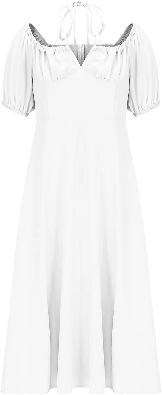 Women's Off-Shoulder Puff Short Sleeve Dress Lace Up Summer Maxi Dresses High Split Cocktail Club Party A Line Dress