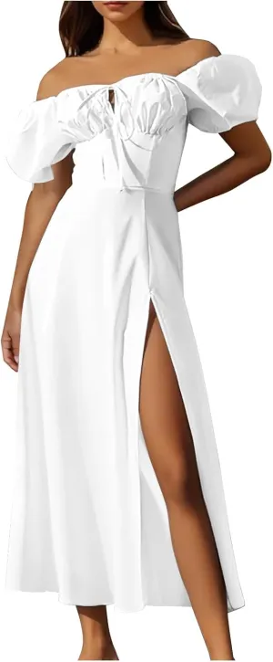 Women's Off-Shoulder Puff Short Sleeve Dress Lace Up Summer Maxi Dresses High Split Cocktail Club Party A Line Dress