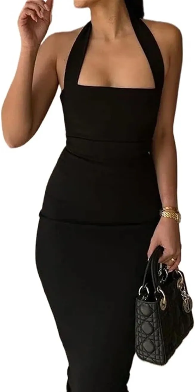 Women's Off The Shoulder Dresses Elegant Bodycon Evening Backless Sleeveless Neck-Mounted Long Party Dress