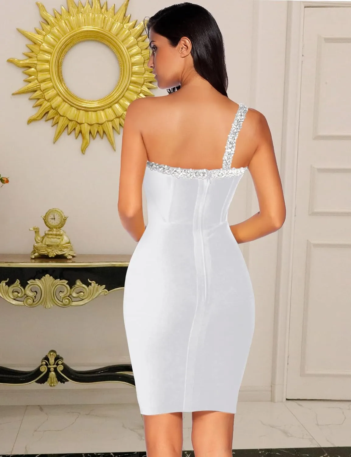 Womens One Shoulder Beaded Bodycon Bandage Dresses Mini Celebrity Party Night Club Dress